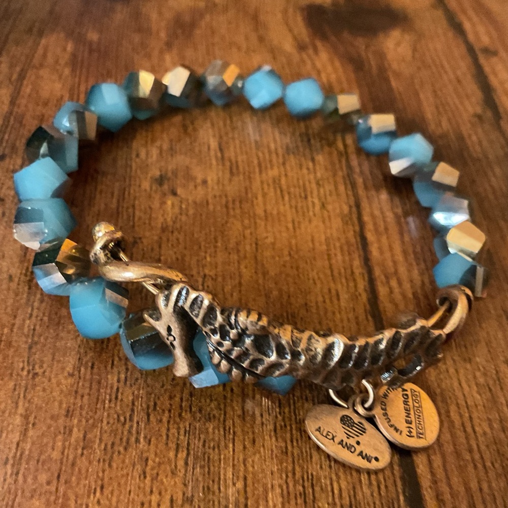 ALEX AND ANI TURQUOISE GLASS GOLD FOILED BEADED ALLIGATOR ENERGY BRACELET